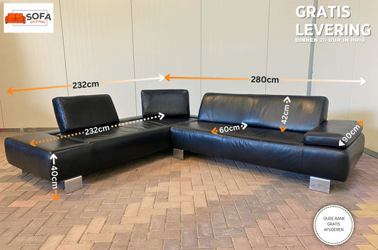 GRATIS LEVERING HEEL BENELUX + DACH Montel Zwarte Echt Leer Hoekbank