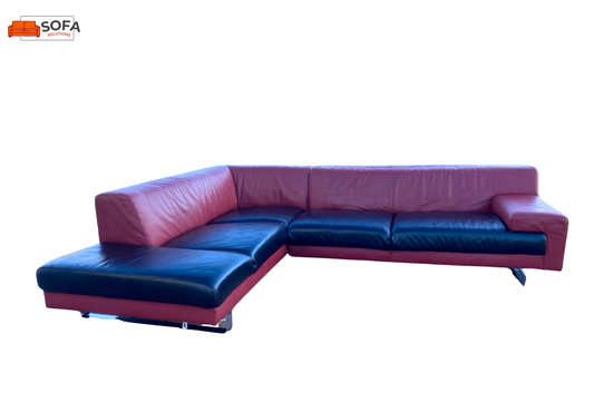 Montel Hoekbank Van Echt Leer In Rood En Zwart