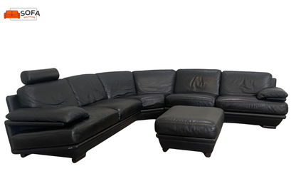 Natuzzi Plaza Hoekbank met Hocker–Echt Zwart Leer–Luxe Lounge Comfort -Gratis Levering