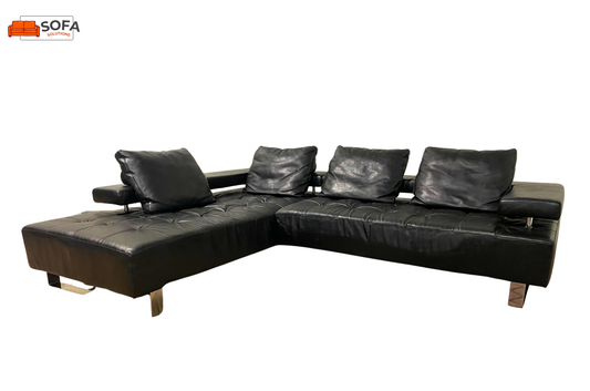 Montel Zwart Echt Leer Hoekbank – Diepe Zit & Losse Kussens – Modern Design met Metalen Poten – Gratis Levering NL & BE