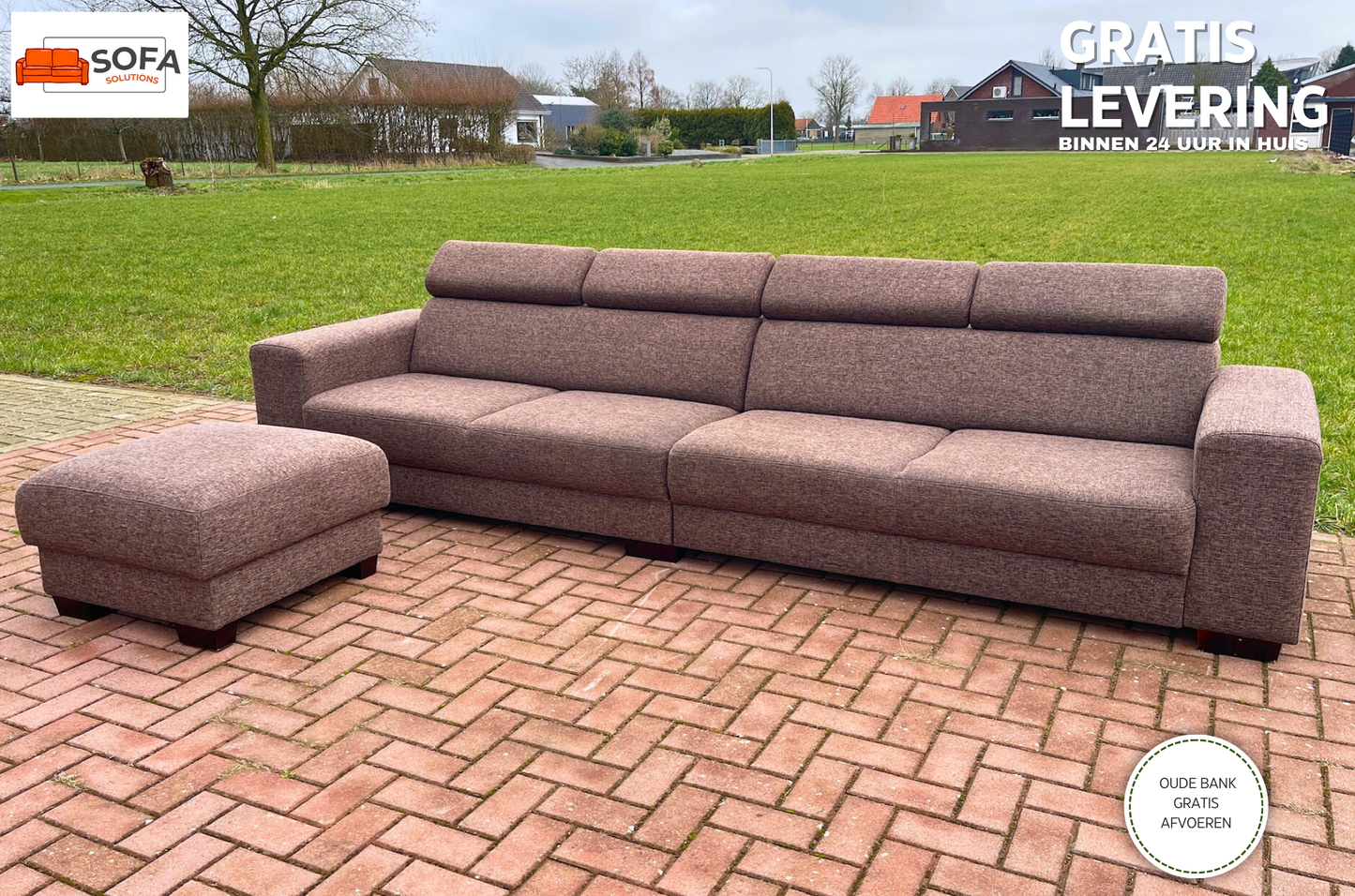 GRATIS LEVERING HEEL BENELUX + DACH Grote Stoffen Bruin 4 -zits Bankstel + Hocker