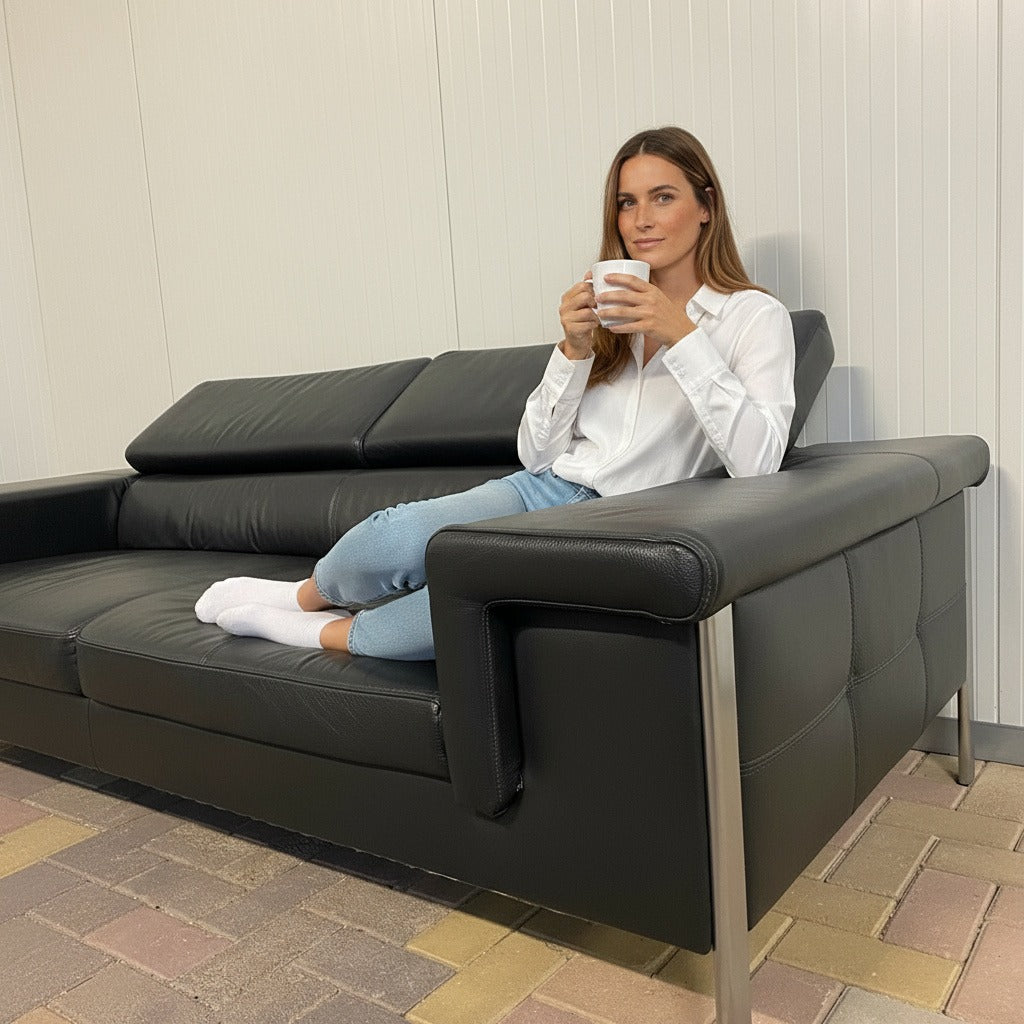 GRATIS LEVERING HEEL BENELUX + DACH Montel Zwart Leer Bankstel 3+2,5 Zits