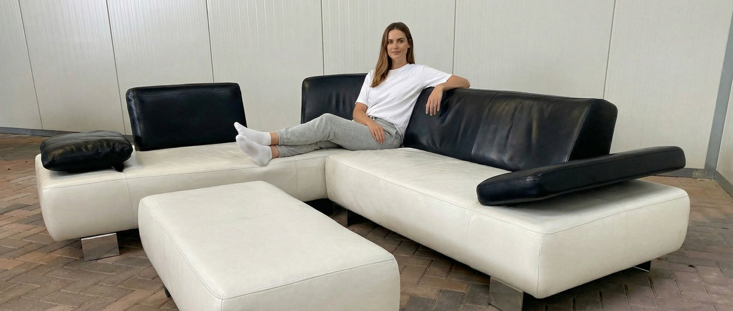 Montèl Witte Leren Hoekbank met Hocker–Luxe Echt Leer–Gratis Levering