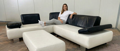 Montèl Witte Leren Hoekbank met Hocker–Luxe Echt Leer–Gratis Levering